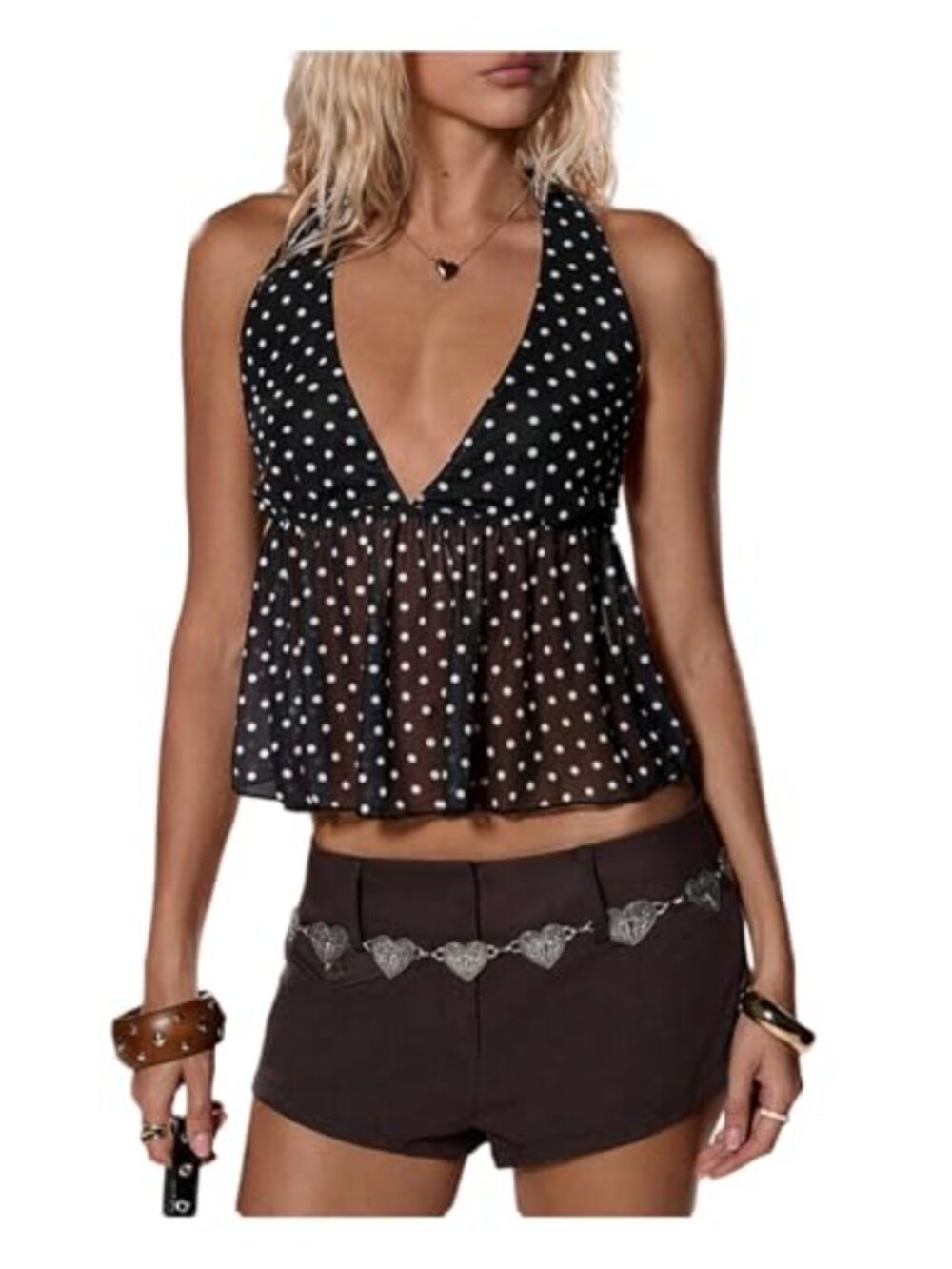 Womens Polka Dot Halter Tank Top Ruffle Hem Peplum Babydoll Sheer Backless Crop
